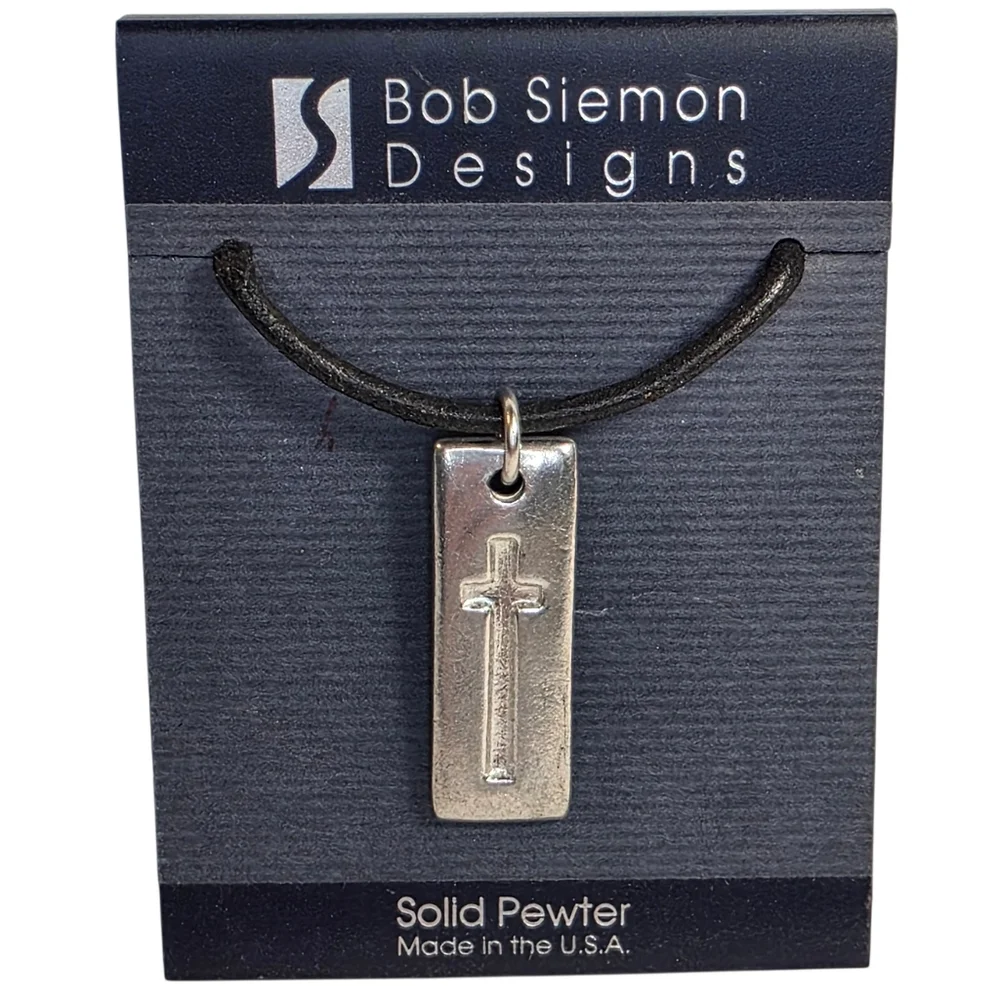 Cross Necklace 100% Pewter Contemporary Tag Pendant Charm On Black Leather Cord